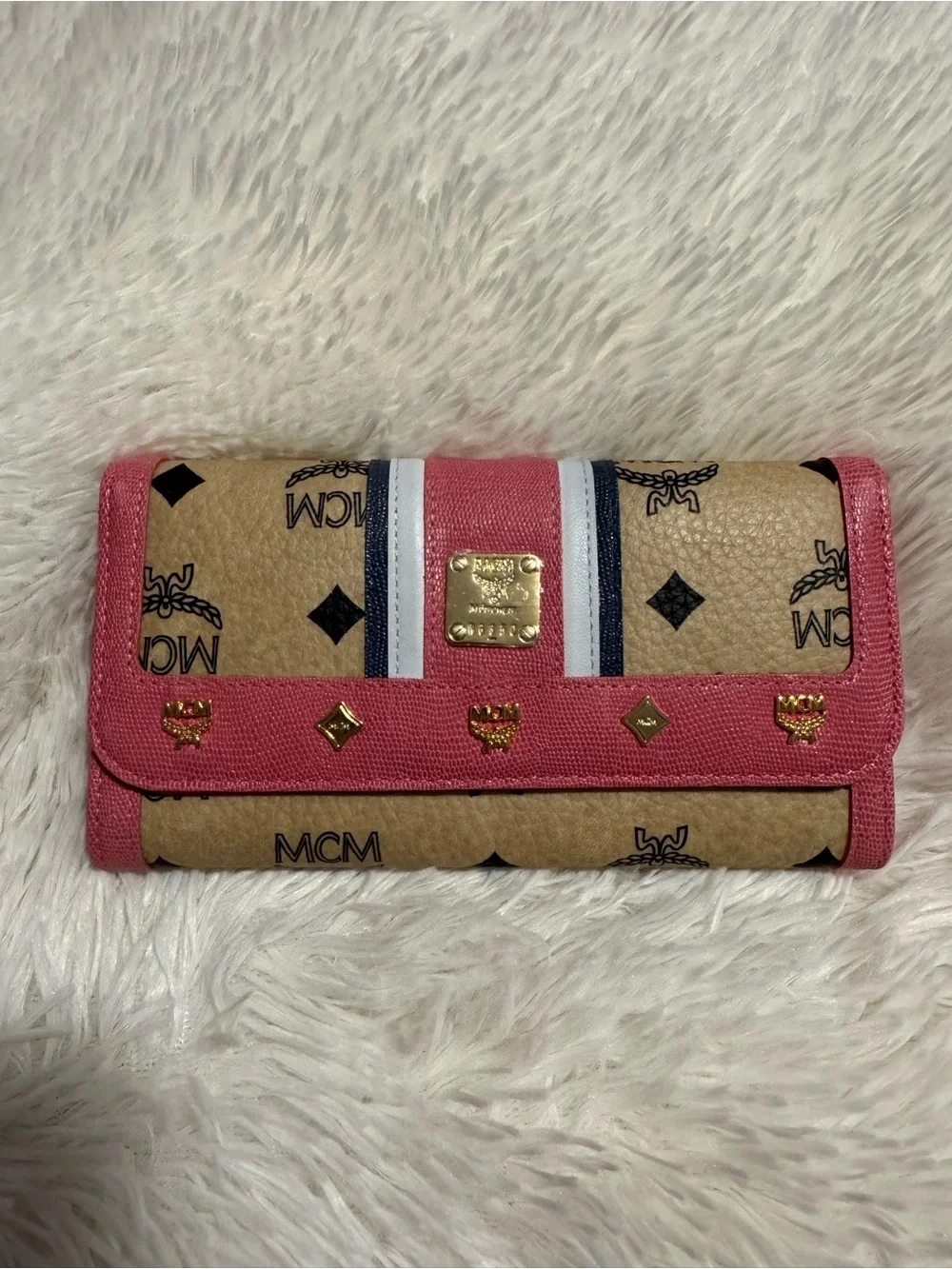 MCM Beige Monogram Long Trifold Wallet with Pink Trim and Gold Accents NWT